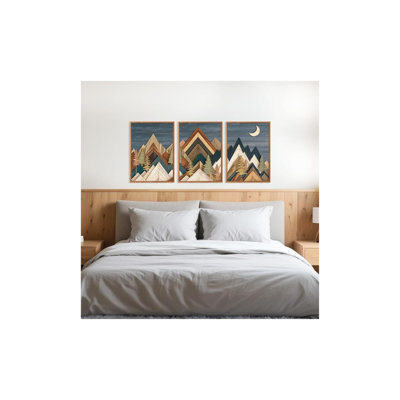 Ensemble d'art mural sur toile encadré de style montagne gravé sur bois, 3 impressions rétro de pin bleu marine, 12 po x 16 po
