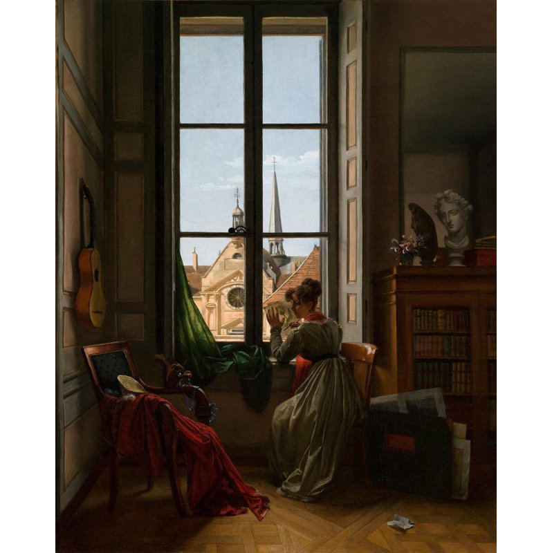 «Interior with Young Woman Traces a Flower» par Louise Adéone Drölling, reproduction d'art sur toile tendue avec châssis