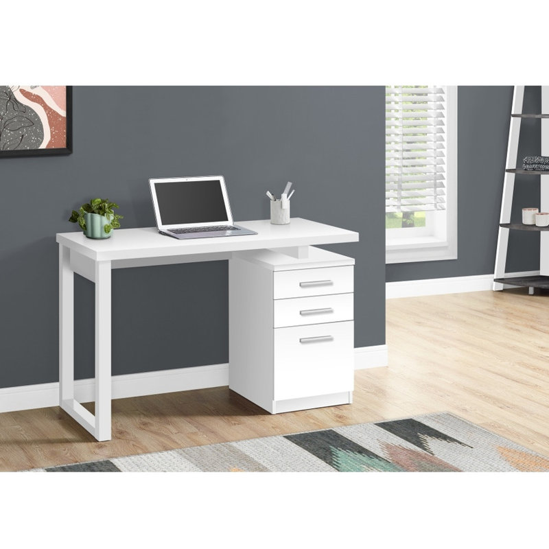 Bureau d'ordinateur moderne blanc stratifié - largeur réglable de 48 po, à gauche / droite | Tiroirs de rangement pour le travail à domicile