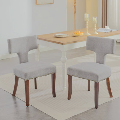 33"H Comfy Upholstered Dining Chairs Set Of 2, Farmhouse Solid Wood Dining Side Chair With Copper Nails Around, Linen Fabric Upholstered Accent Chair Curved Backrest For Living Room