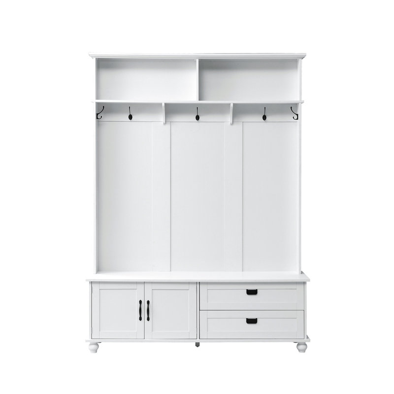 Arbre d'entrée de style moderne avec armoire de rangement et 2 grands tiroirs, banc de vestibule Widen avec 5 crochets à manteau, blanc