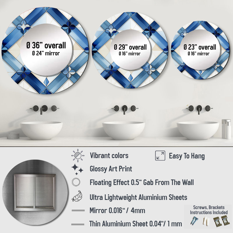 Blue And White Tiles Diamonds - Modern Round Mirror Wall Decor_MTMIR127073, 29" x 29"