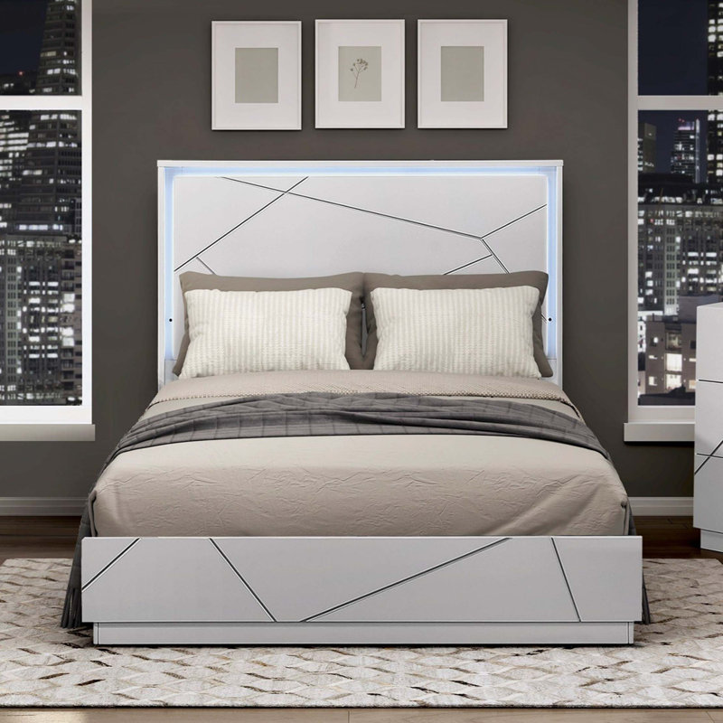 Modern Queen Size Bed with LED Headboard Lighting