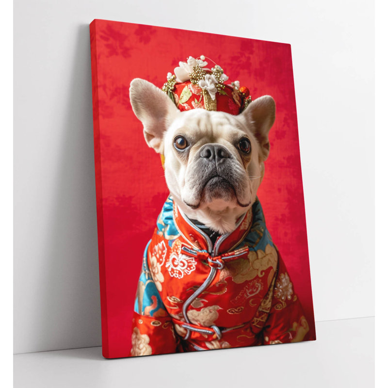 French Bulldog is wearing an chinese outfit Canvas Wall Art Print, 76 cm H x 51 cm W