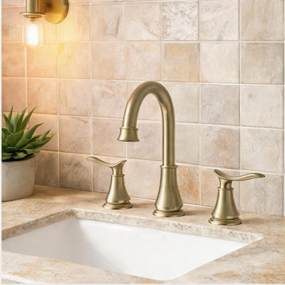 Soft Gold 8-Inch Widespread Bathroom Sink Faucet, Modern Metal, 2 Lever Handles, 3-Hole Deck Mount