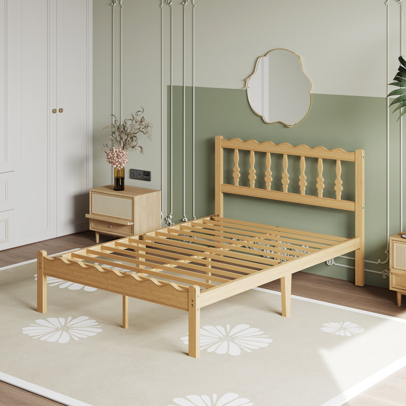 Solid Wood Bed Frame with Wavy Headboard, No Box Spring Needed, Bamboo&Metal, Queen