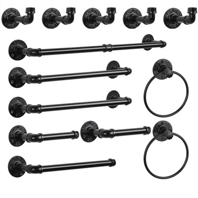 Ensemble de 13 pièces de quincaillerie de salle de bain à tuyau industriel noir mat, ensemble de porte-serviettes mural comprenant une barre à serviettes, un anneau à serviette, un porte-papier hygiénique, des crochets à peignoir et un porte-mouchoirs de cuisine