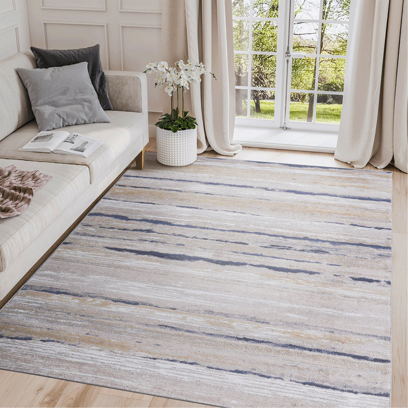 8X10 Ivory/Blue /Striped Non-Shedding Living Room Bedroom Dining Home Office Stylish And Stain Resistant Area Rug