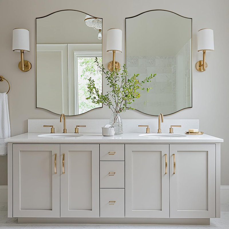 Curve Dual Arch Rectangular Scalloped Bathroom Wall Mirrors|Stainless Steel Framed, Brushed Gold, 48" x 30"