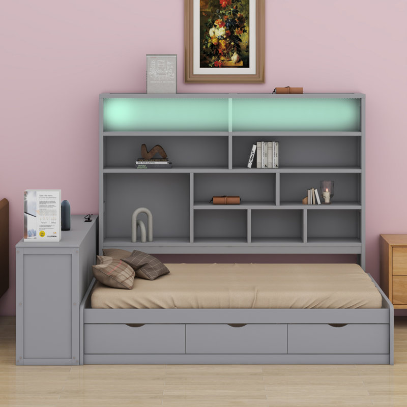 Lit de jour en bois avec trois tiroirs, bureau, tablettes et lumières, Gris