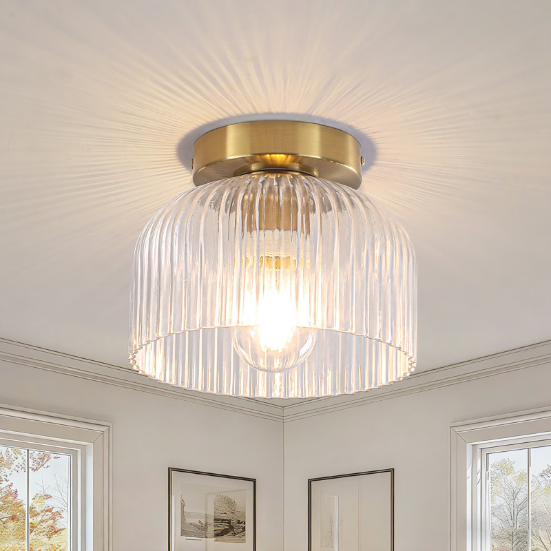 1-Light Ribbed Glass Semi Flush Mount Ceiling Light, Brushed Gold