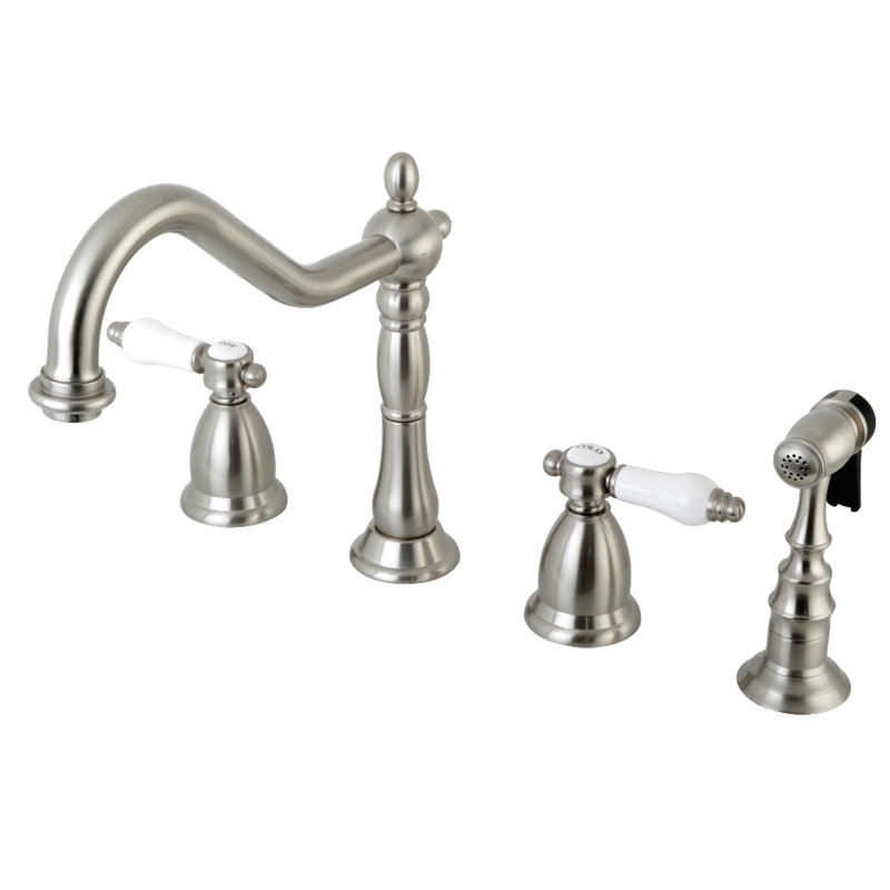 Kingston Brass Bel-Air Double-Handle 4-Hole Widespread Kitchen Faucet with Brass Sprayer, Brushed Nickel