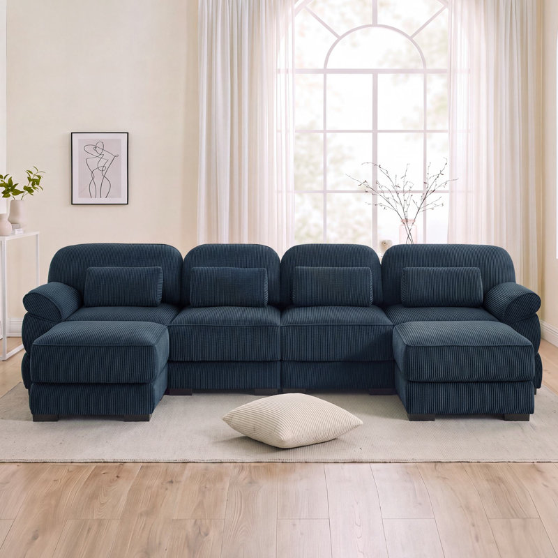 Canapé d'angle modulaire en forme de U Cloud Couch 4 places de 132,3 pouces avec 2 poufs, Bleu