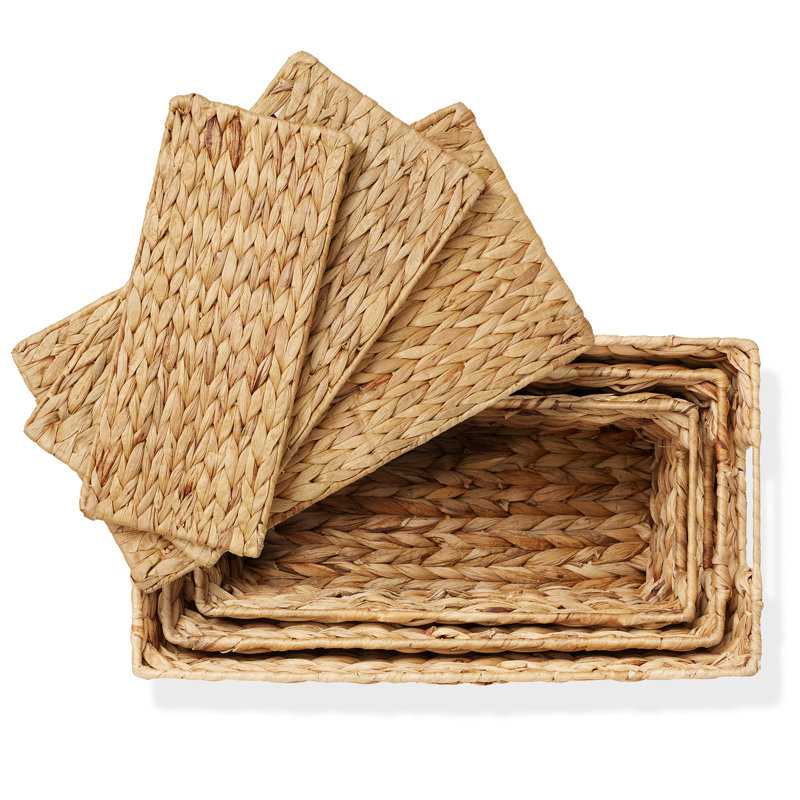Casafield Water Hyacinth Storage Baskets with Lids, Set of 3 Woven Nesting Bins, Natural