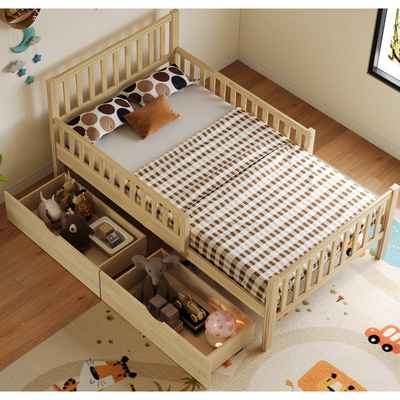 Lit plateforme simple en bois avec garde-corps des deux côtés et deux tiroirs de rangement