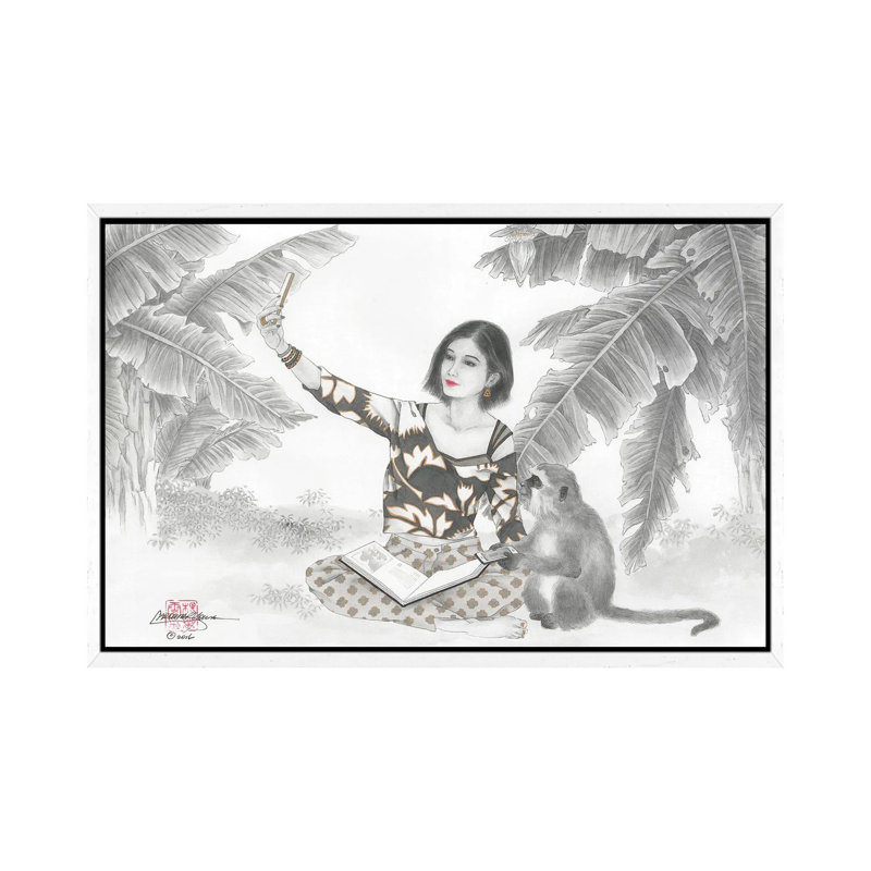 Monkey BFF - Painting on Canvas, 101.6 cm H x 66.04 cm W, White Framed