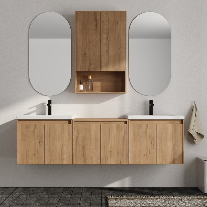 Meuble-lavabo double mural 72 po avec plateau en résine et rangement mural pour salle de bain 24 po Vowar