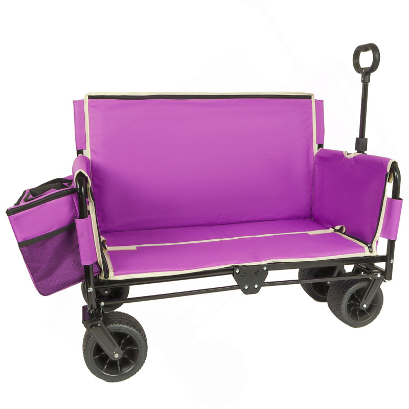 Chariot pliant 3-en-1 avec siège de banc et rangement, protection contre les brevets - comprend 1 sac de glace, 500 lb poids lourd, roues tout-terrain de capacité de 180 L pour le camping, la plage, les sports, le jardin, le mauve