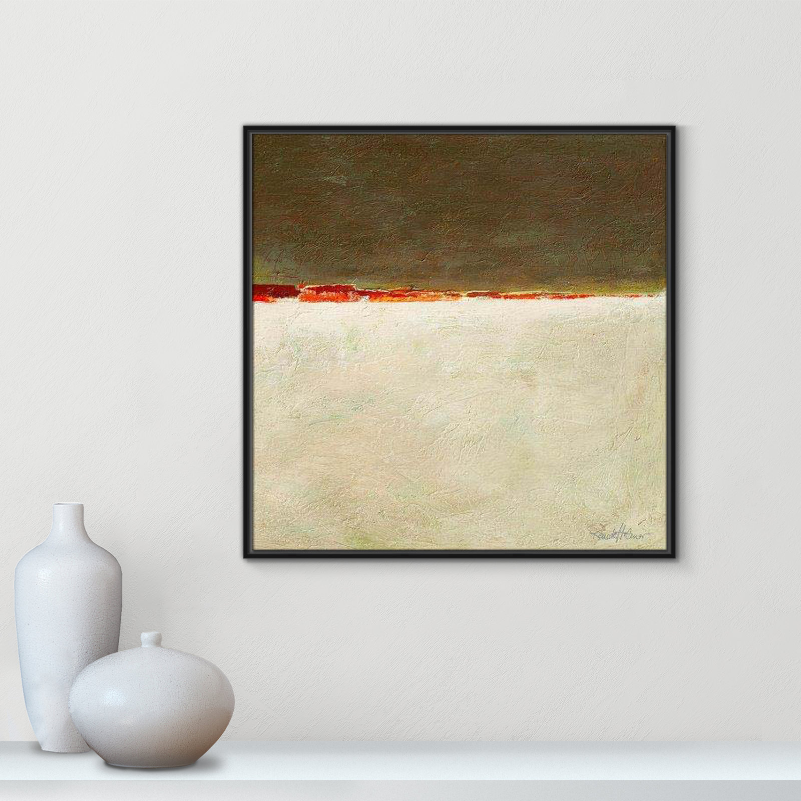 Orange Horizon I by Renate Holzner, 31.5'' H x 31.5'' W x 2'' D, Black Framed