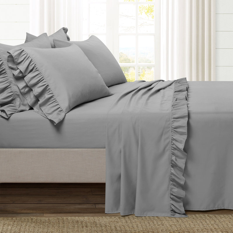 Reyna Ruffle Microfiber Sheet Set, Queen Sheet Set with Fitted Sheet and 4 Pillowcase, Dark Gray