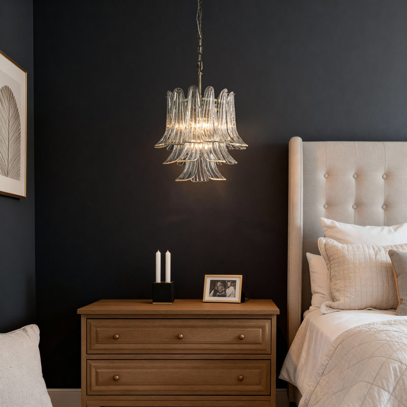 Luminaire suspendu de style moderne Mid-Century à 4 lumières en verre transparent à 4 niveaux avec finition bronze antique Kass pour salon, salle à manger Kass