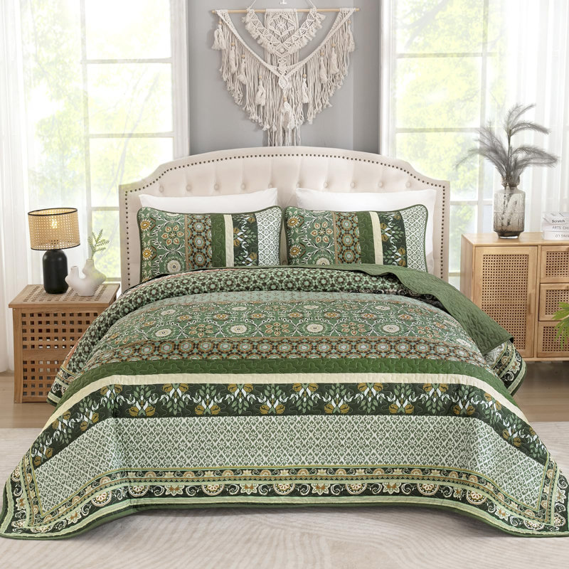 Ensemble de courtepointe 3 pièces Boho Farmhouse Patchwork, Courtepointe pour lit grand + deux taies décorati, Olive Green