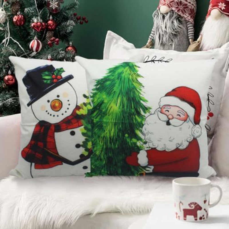 Ensemble de 4 housses de coussins décoratifs pour Noël Merry Christmas Snowman, Square 18"