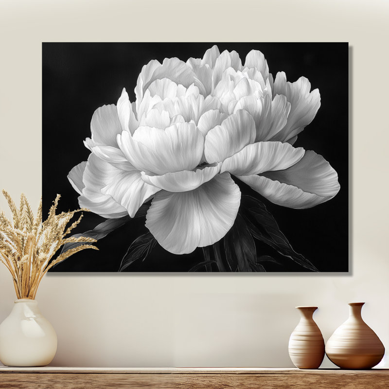 Pivoine blanche et noire élégante I - reproduction d'art traditionnelle en métal, pivoines, décoration murale en métal
