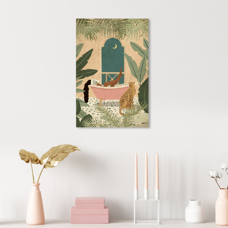 " Jungle Bathtime Lounge ", Wrapped Canvas, 24" H x 16" W, No Frame