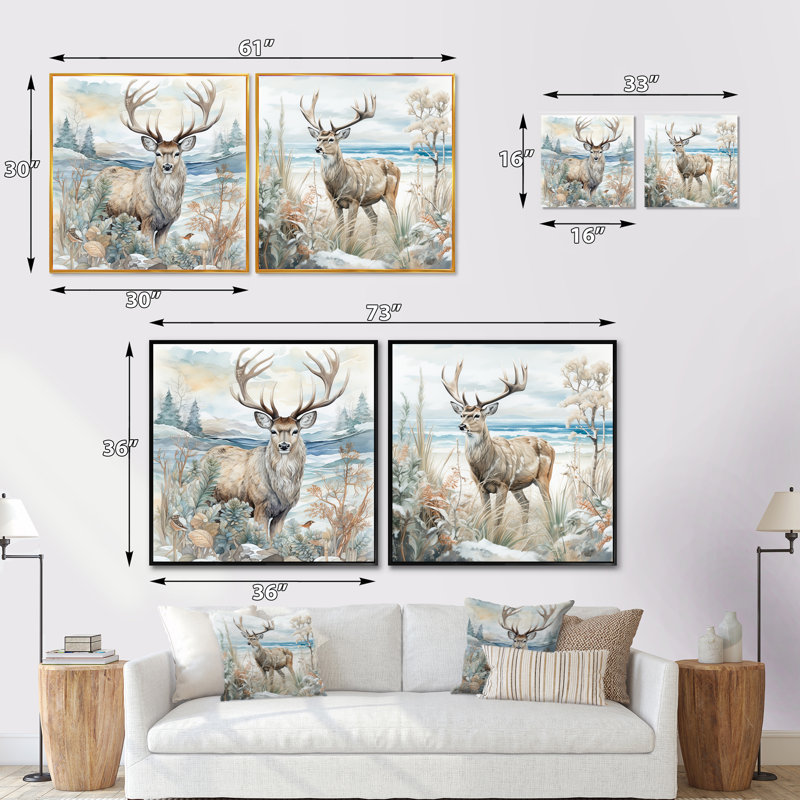 Ensemble de 2 cerfs charmants en hiver, Cadre flottant noir, H 16 po x l 33 po