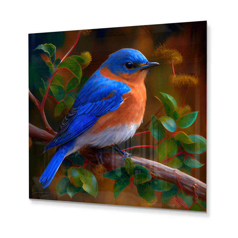 Magnifique oiseau bleu brillant sur une branche I - Décoration murale oiseaux en métal, H 29 po x l 29 po x P 1 po