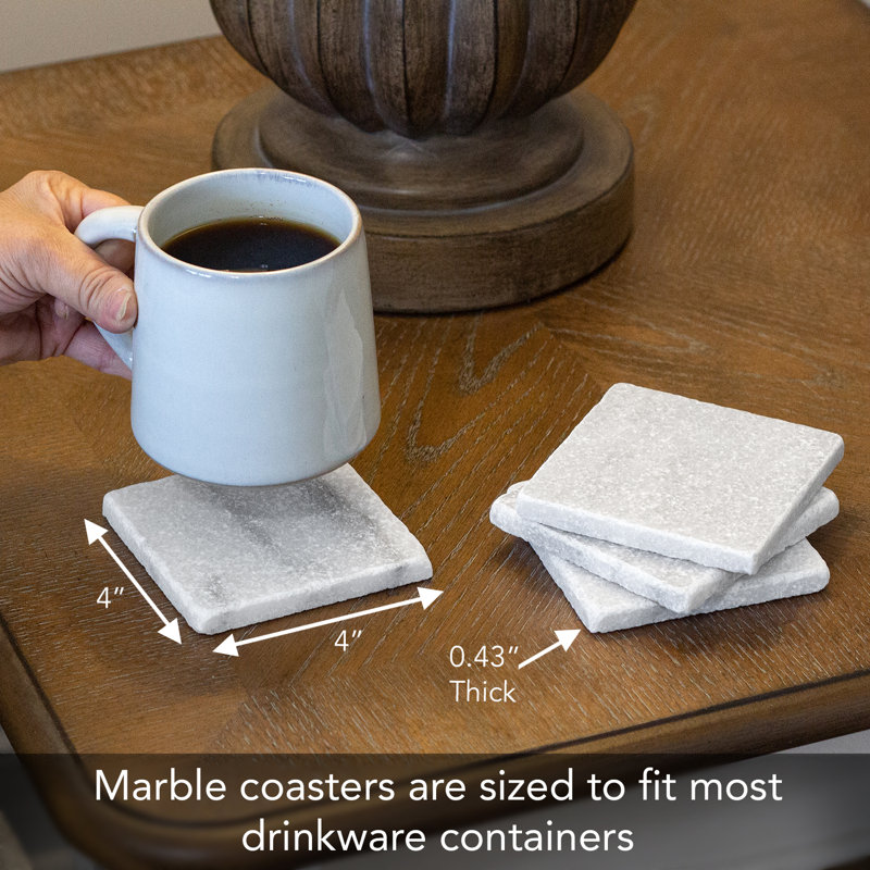 Natural White Marble Stone Square Coasters 4" x 4" Set