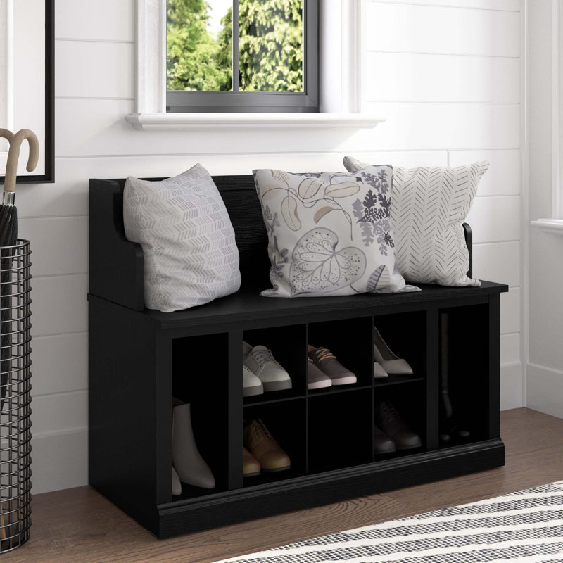 Arulappu 40''W Shoe Storage Bench, Black Suede Oak