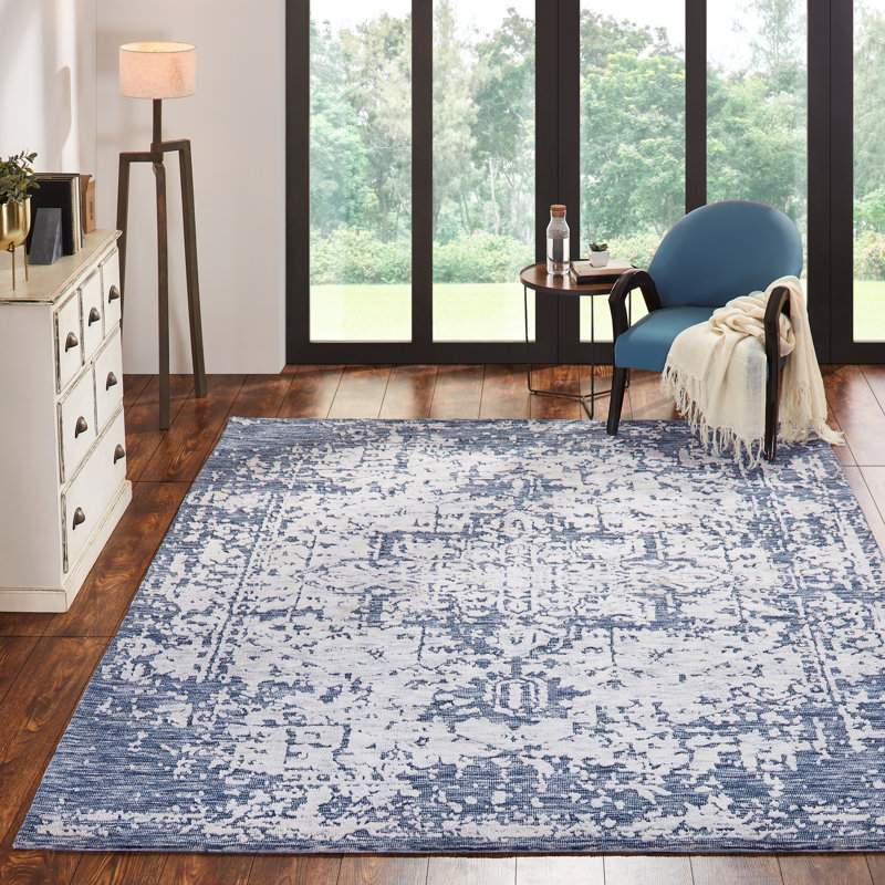Oriental Area Rug in Blue/Ivory, Rectangle 8'6" x 11'6"