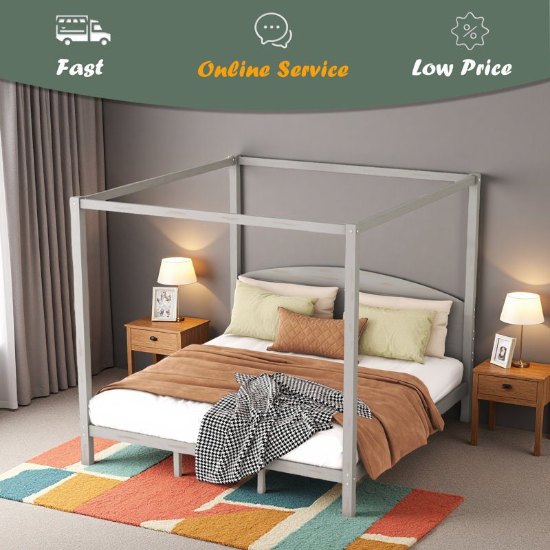 King Size Canopy Platform Bed With Headboard And Support Legs, Grey Wash
