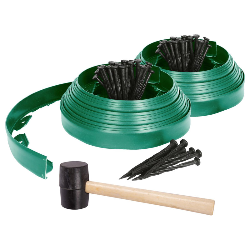 Harbour Housewares Garden Edging Kit 20m x 4cm Plastic Border with 80 Pegs & Rubber Mallet, Green