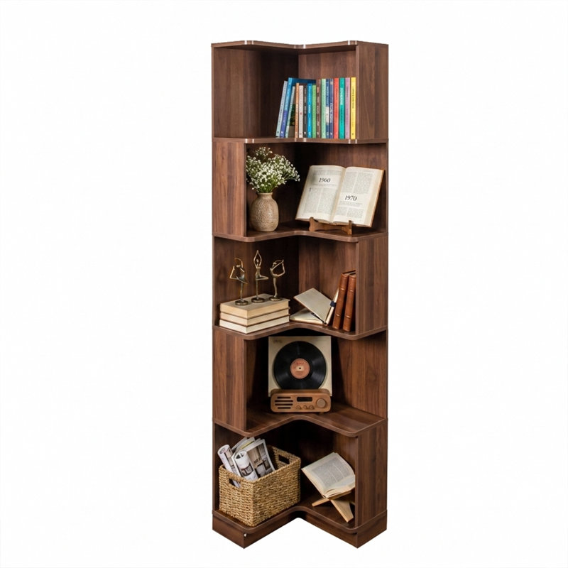 69" H L-Shaped Walnut Corner Bookcase with 5 Tiers and Remote-Controlled LED Lights