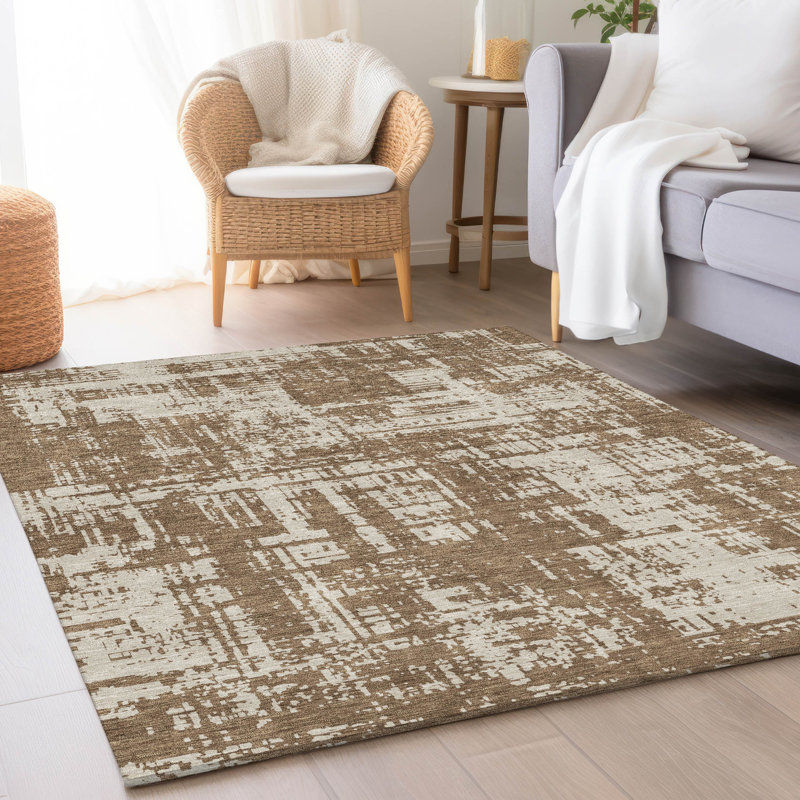 Tapis brun Prisco lavable à la machine de qualité supérieure, Rectangle 10 pi x 14 pi