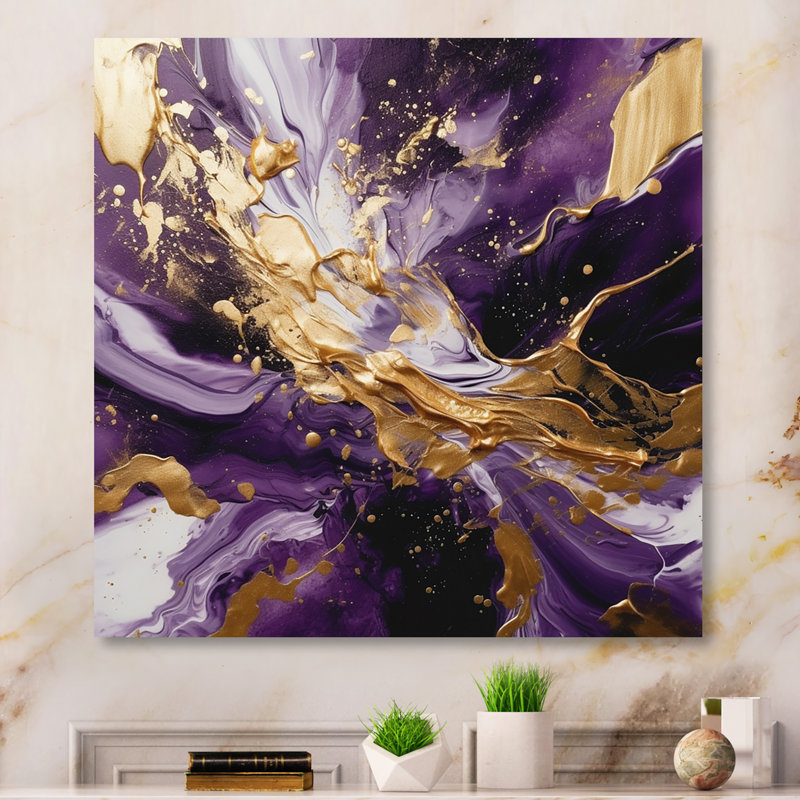 Mauve et or liquide Magic III - Art mural abstrait pour le salon, 44" H x 44" W, Toile tendue, Sans cadre