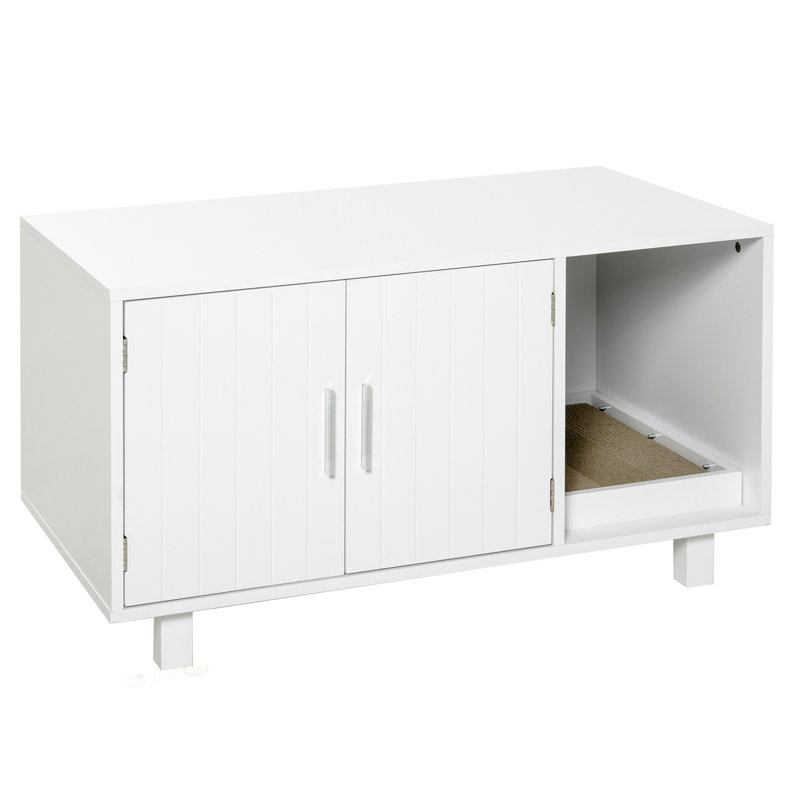 Enceinte en bois pour litière pour chat, multifonctionnelle avec table de bout, grattoir et portes magnétiques, blanc