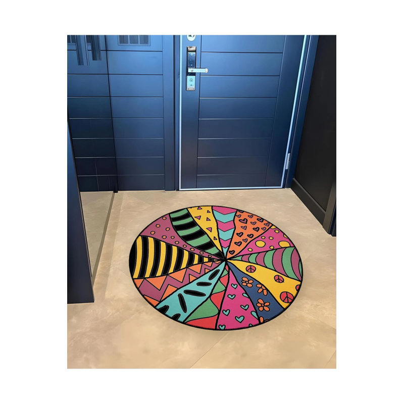 Multicolored Shapes Woven Base Decorative Carpet, Round 2'8"