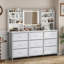 Commode 9 tiroirs pour chambre à coucher avec miroir lumineux et 8 tablettes de rangement