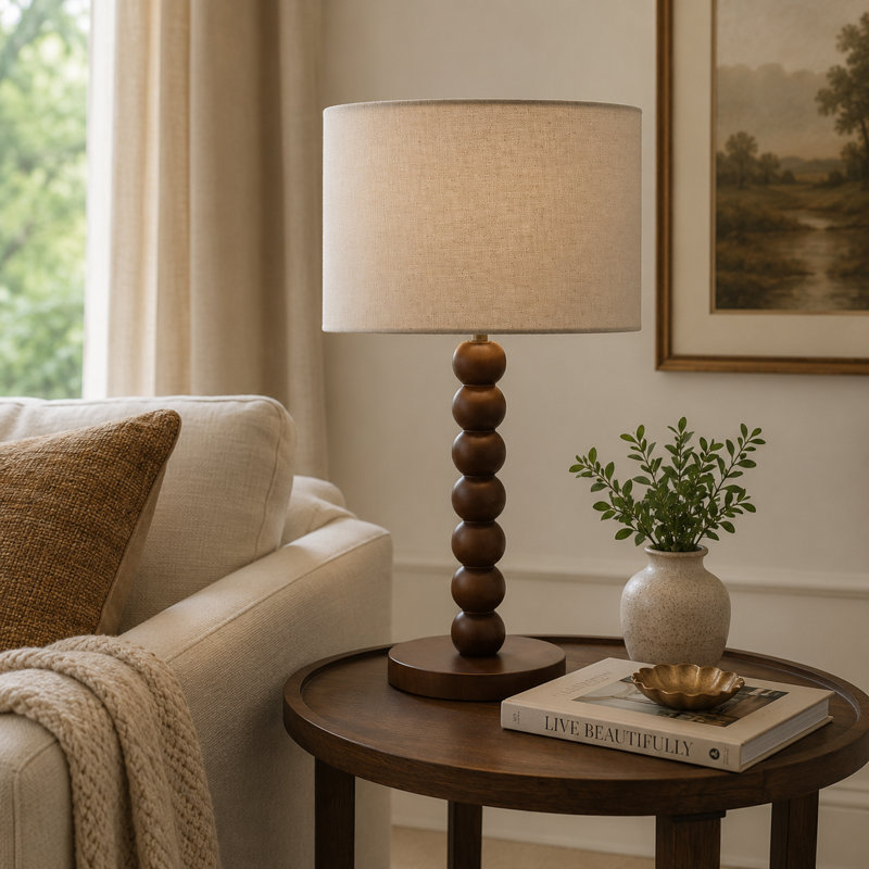 Lampe de table effilée en bois de noyer massif 17,5 "avec abat-jour tambour en lin, lampe de chevet moderne avec base E26 pour chambre à coucher, salon
