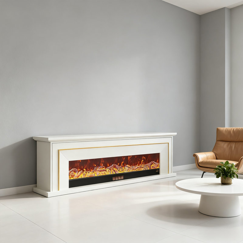 Meuble télé avec foyer en bois massif de style américain American, L 70,87 po, Blanc