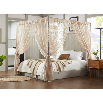 8 Piece Linen Lace Canopy Bed Curtains Set With Tie-Backs for Queen or King Bed