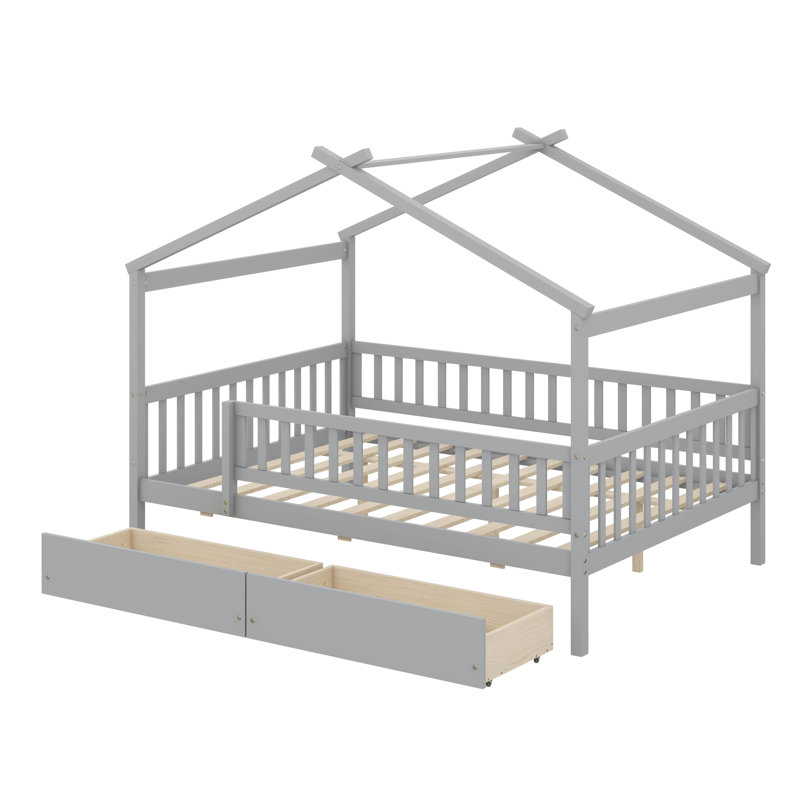 Lit double en bois avec deux tiroirs de rangement intégrés, Gris
