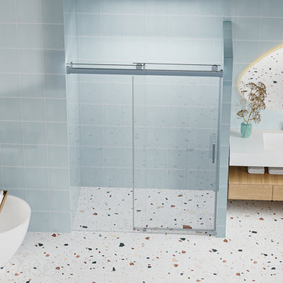 Porte de douche coulissante simple sans cadre à fermeture amortie, 142-152 cm (L) x 193 cm (H), verre trempé 6 mm avec film anti-explosion, livraison express, chromée CM-24D01-60CHX