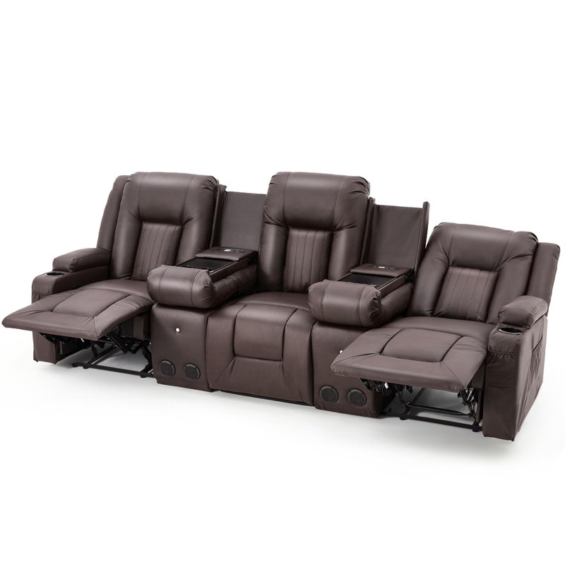 Reclining Sofa With Console&Bluetooth Speakers, Manual Rv Sofa Couch Recliner Sofa, Brown