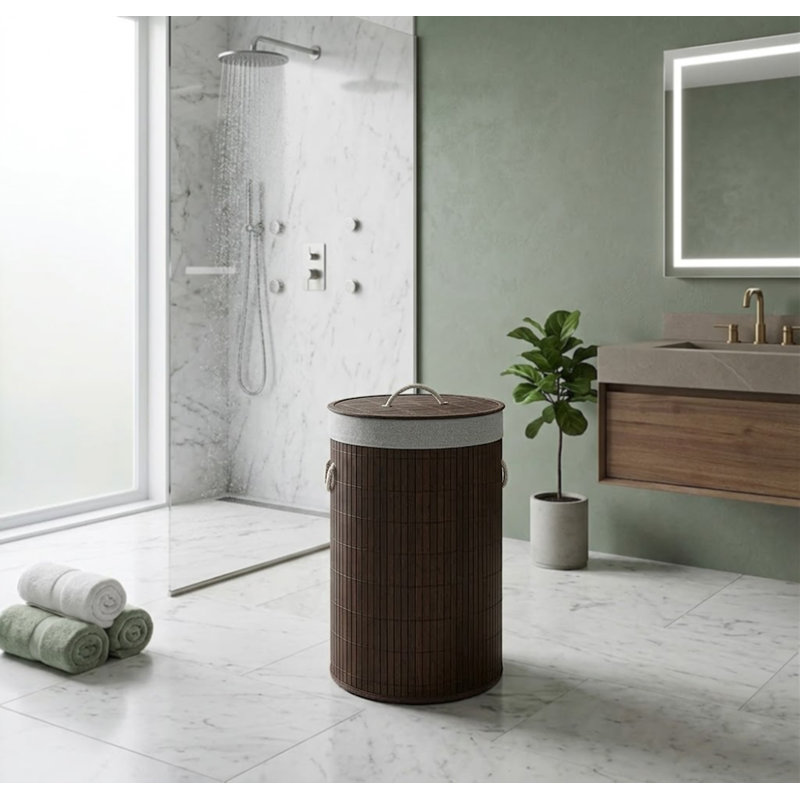 Bamboo Hamper With Lid Round 58 Lt Natural, Dark Brown Wood