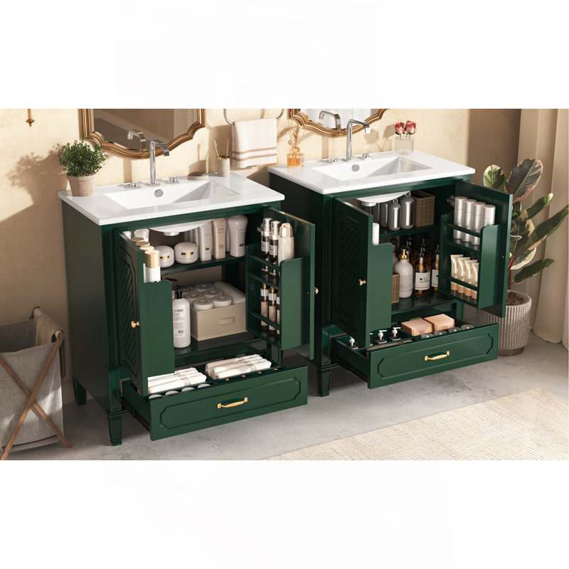Ensemble de meuble-lavabo 60 po avec lavabo double 60 po, 2 armoires avec porte et 2 tiroirs, vert, Vert
